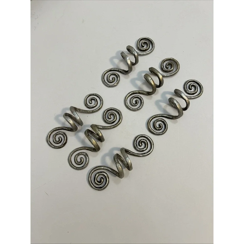 HAMMERED PEWTER SILVER RUSTIC METAL‎ SPIRALS SET OF 6 NAPKIN RINGS SKU 1389